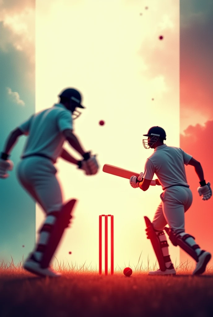 I need a background for poster where on one edge a cricketer batting and on the other edge a cricketer bowling and on the third side a bowl and stumps which is kind of blurred background where a single colour is starting lighter from one side and getting darker on other....it should be in the ratio 9:16 and the cricters should be on the each opposite edges of the poster and they should be also blurred and the center should be plain with colour and each corners the objects should be and cricketers should be medium in size on each corners of the poster where center of the poster is plain and on one corner batter is batting and on the other corner the ball falls and stumps got scattered with red and black gradient