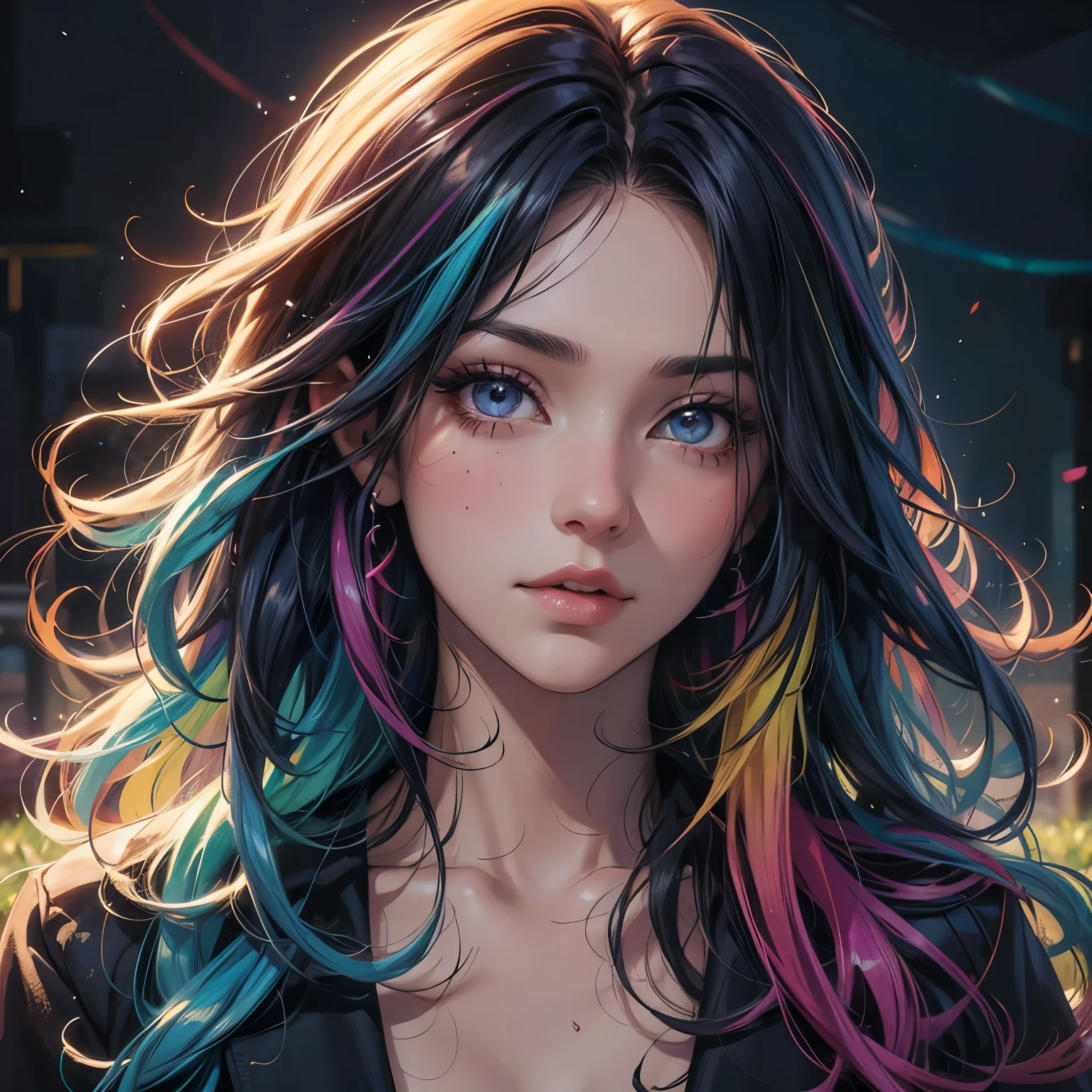 portrait, dressed up,in a parc, colorfoul,rainbow shiny hair, lights, perfect anatomy, Perfect Composition Ratio, Masterpiece, Best Quality, 4K, Sharp Focus. Better Hand, Perfect Anatomy. by AYMSHANK,Julia Razumova's and style of Carne Griffiths