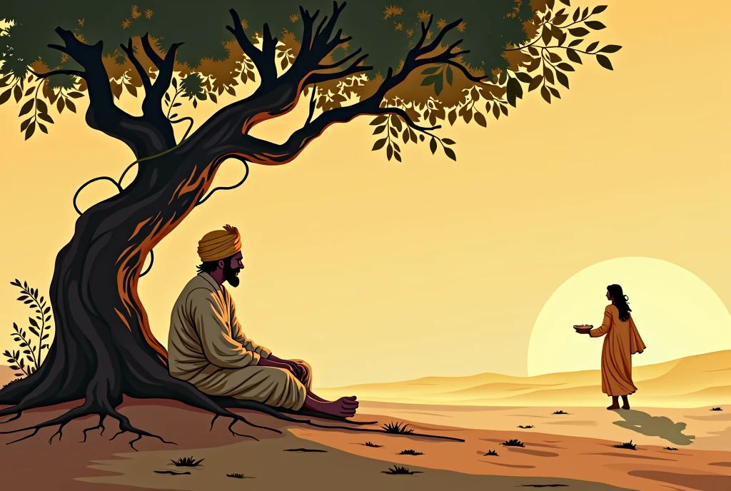 There is a barren land and the rays of the sun are falling, there is a tree in it, two vines and Tejaji sit in its shade, Tejaji is wearing a turban on his body, he has only a mustache on his face and is wearing a dhoti kurta and a woman. coming from a distance with food in her hands