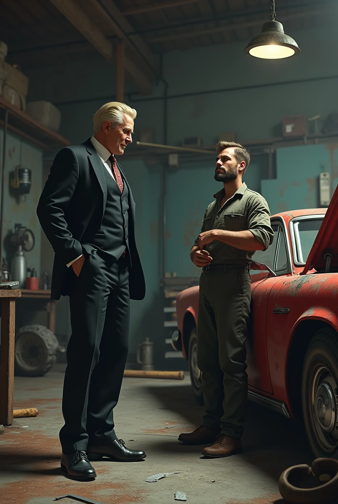 Blonde tall, man, middle age, shaved, elegant suit, standing in old garage, watching young brunette, tall man with short beard, mechanic outfit, brunette man repairing car