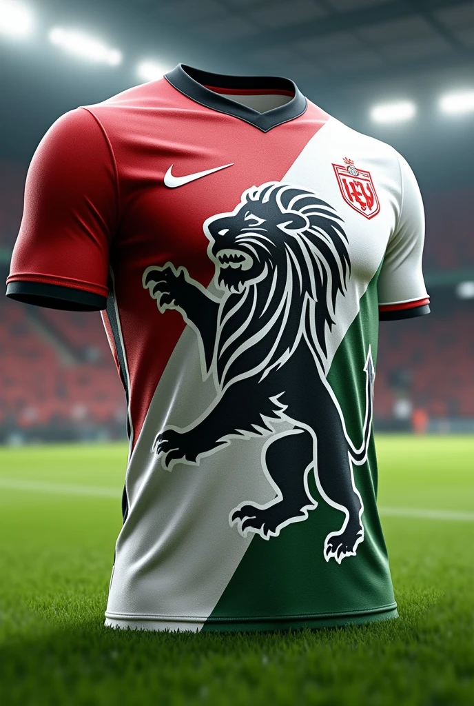 White stars themed national football team jersey using white, red, black and green colours with a lion print on it