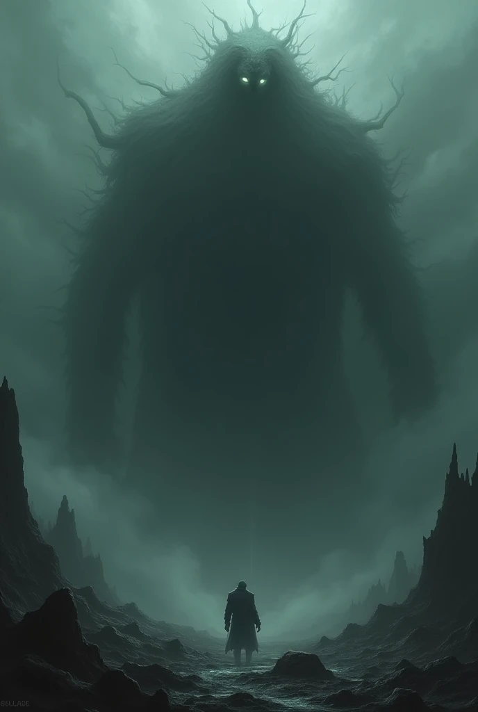 Depict a vast, formless entity that seems to engulf the entire scene with its sheer presence. The figure could be a shadowy mass with barely discernible features, such as faintly glowing eyes or a suggestion of a face. The background should be a void-like environment, with swirling darkness that gives the impression of being watched or consumed. The overall effect should be one of overwhelming dread and the feeling that something terrible is always lurking just out of sight.