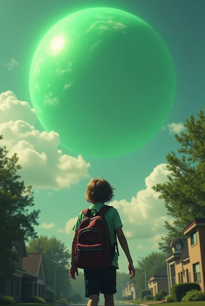 with a backpack on my back going home coming back from school and seeing a huge green object in the sky