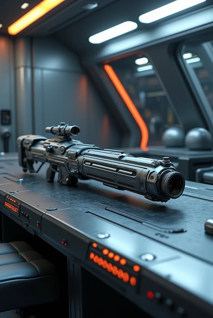 space ship, room with space rifle weapon for you on top of a table