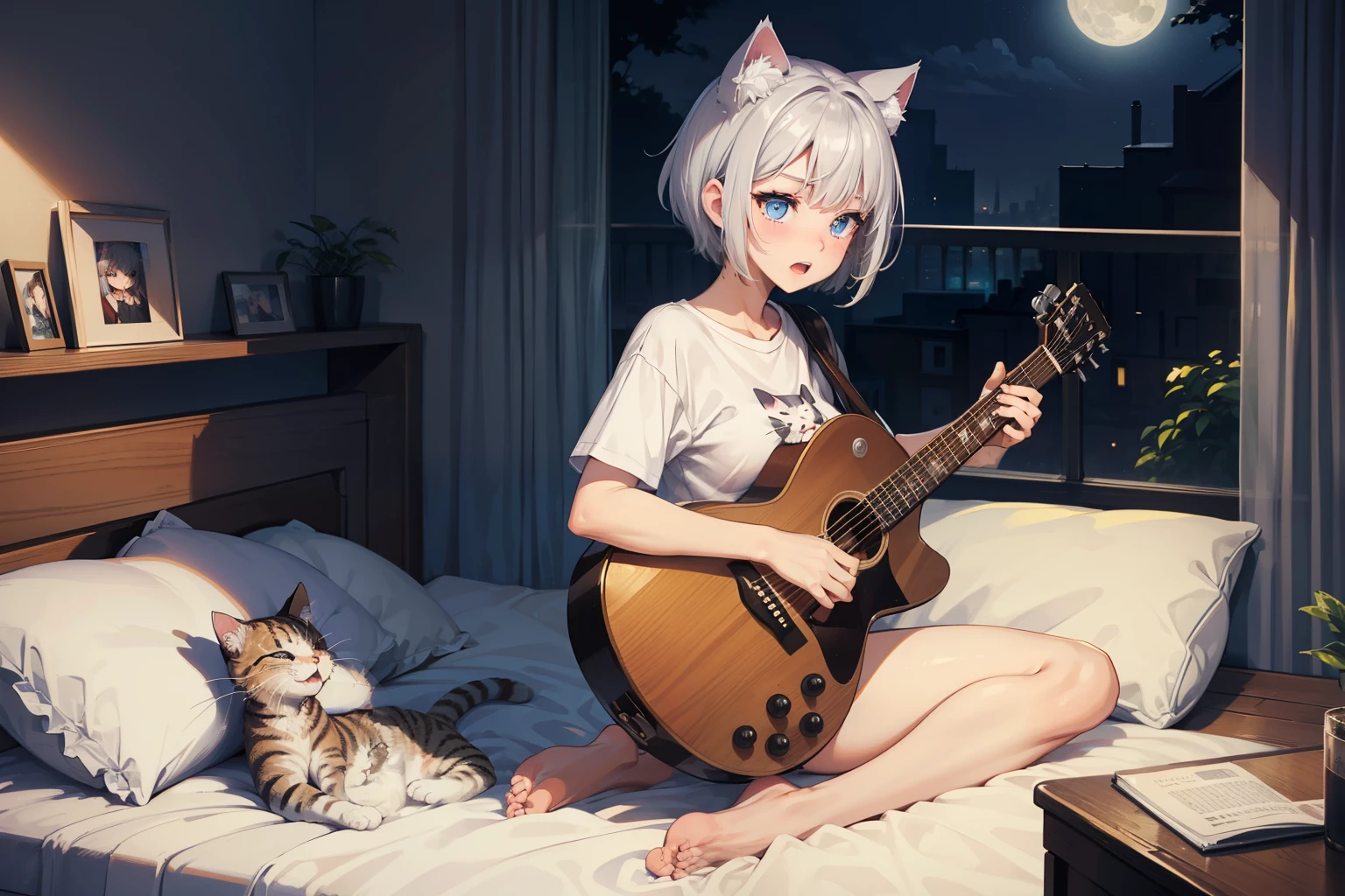 (masterpiece, best quality, High quality) BREAK (perfect anatomy), (expressive eyes, perfect face), 1girl, grey cat ears:1.6, medium hair, grey hair:1.6, pixie cut, big eyes, perfect eyes, blue eyes, eyes half-closed, thick eyelashes, thin eyebrow, short height, slim bulid, singing, open mouth, blush, medium breasts BREAK (character wearing only very long white t-shirt), (bedroom), character sitting on left side of bed, holding acoustic guitar, playing acoustic guitar, (((cat sleeping on right side of character))) BREAK ((night time, night)), (full body), panorama of room, character looking at guitar,