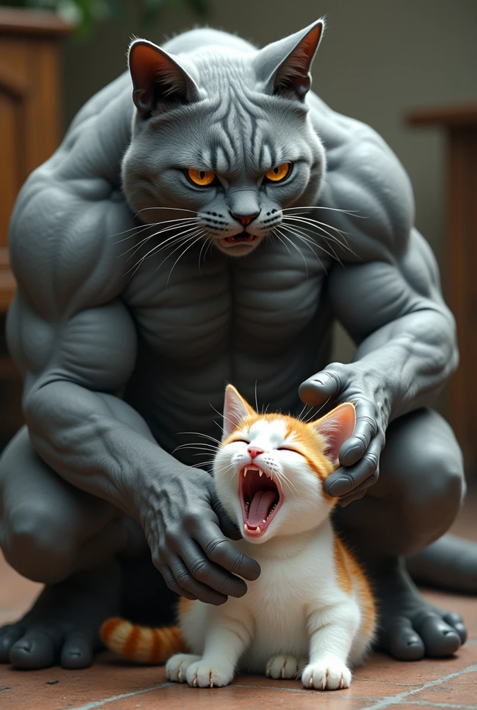 Adult Gray cat is muscular, he is like a human, his hands are like a human&#39;s. cat and wife she is white she screams and then a little ginger kitten was born