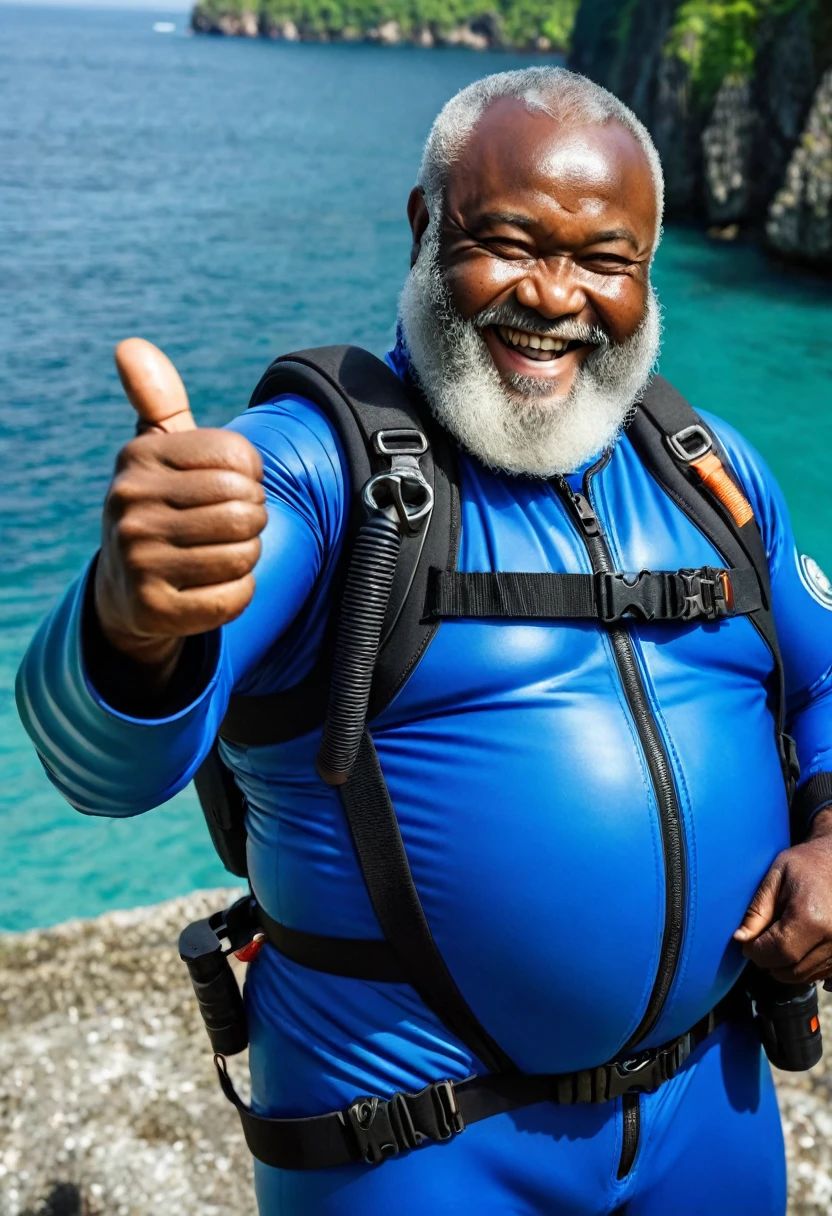 (a dark-skinned bearded fat old man in a bulky blue zipper diver suit) masturbating, thumbs up, carrying a gun, muscular, Bruce Onobrakpeya, sumatraism, stanley artgermm, action, heroic, fierce, smiling