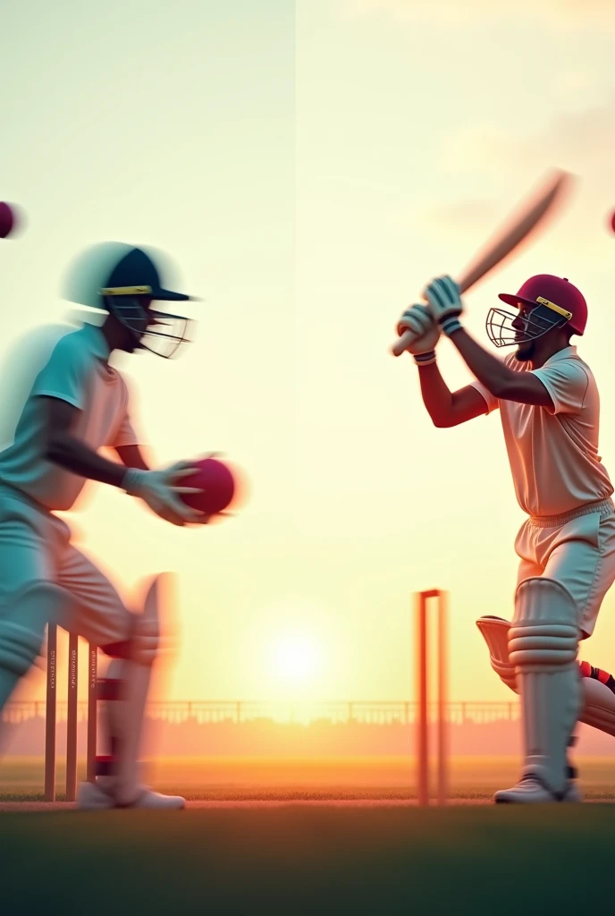 I need a background for poster where on one edge a cricketer batting and on the other edge a cricketer bowling and on the third side a bowl and stumps which is kind of blurred background where a single colour is starting lighter from one side and getting darker on other....it should be in the ratio 9:16 and the cricters should be on the each opposite edges of the poster and they should be also blurred and the center should be plain with colour and each corners the objects should be and cricketers should be medium in size on each corners of the poster where center of the poster is plain and on one corner batter is batting and on the other corner the ball falls and stumps got scattered with red and black gradient