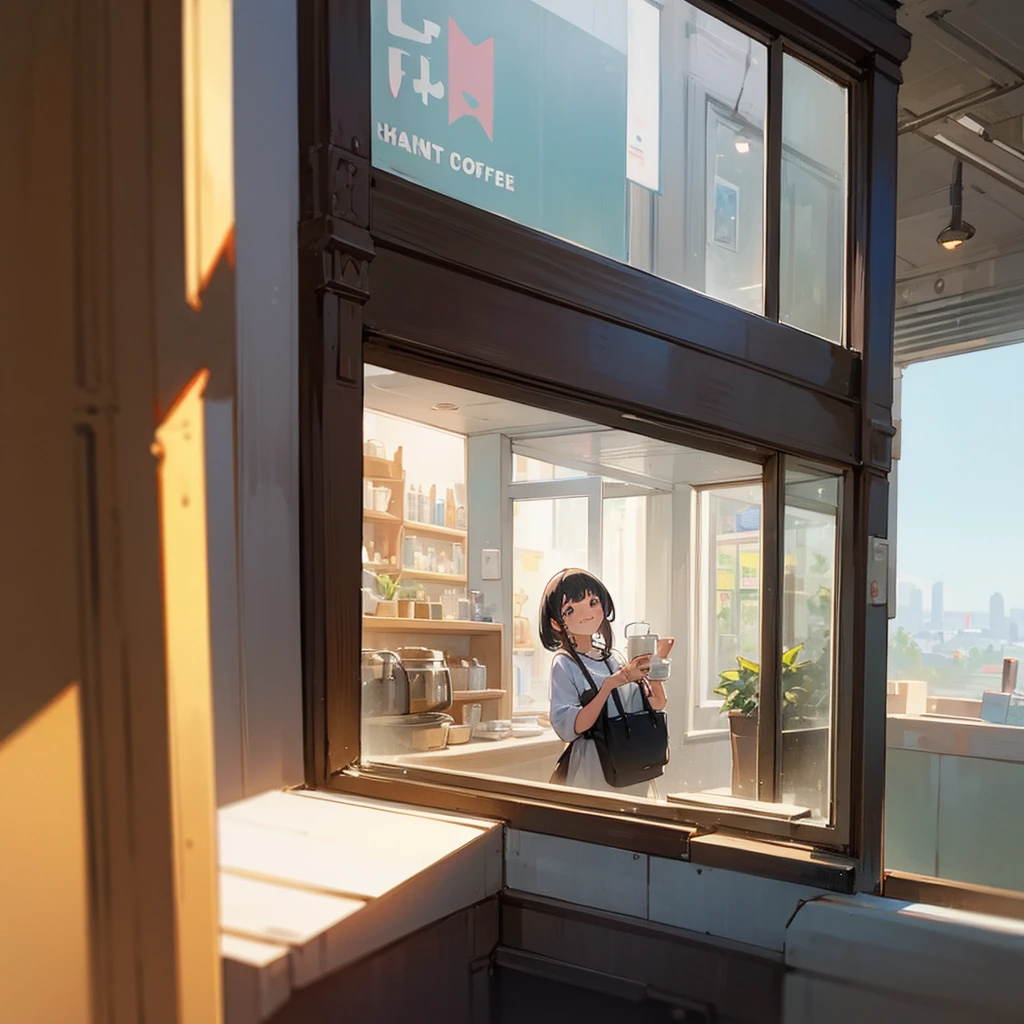 The girl opened the door and entered the cafe. She was very happy. Zoom in on the girl.