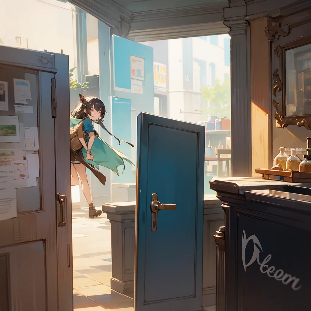 The girl opened the door and entered the cafe. She was very happy. Zoom in on the girl.