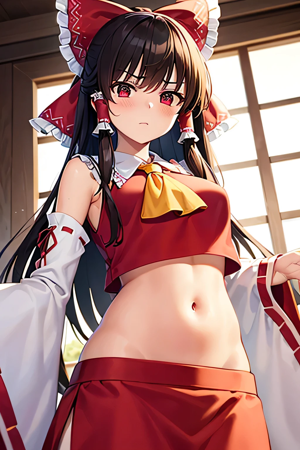 super fine illustration, vibrant colors, masterpiece, sharp focus, best quality, depth of field, cinematic lighting, ultra detailed, belly, belly button, bellybutton, navel, tummy, shrine maiden, hakurei reimu, 1girl, hair bow, ascot, hair tubes, detached sleeves, looking down, red shirt, red skirt, long skirt, very long hair, dark brown hair, mature woman, hakurei reimu, 1girl, hair bow, ascot, hair tubes, miko, detached sleeves, Reimu Hakurei, annoyed, indoors,
