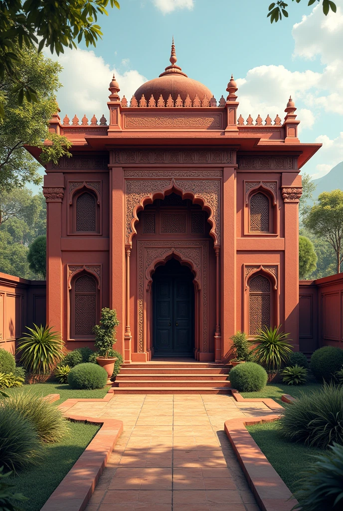 Draw an Indo-Islamic common house 
In dark barn red colour
