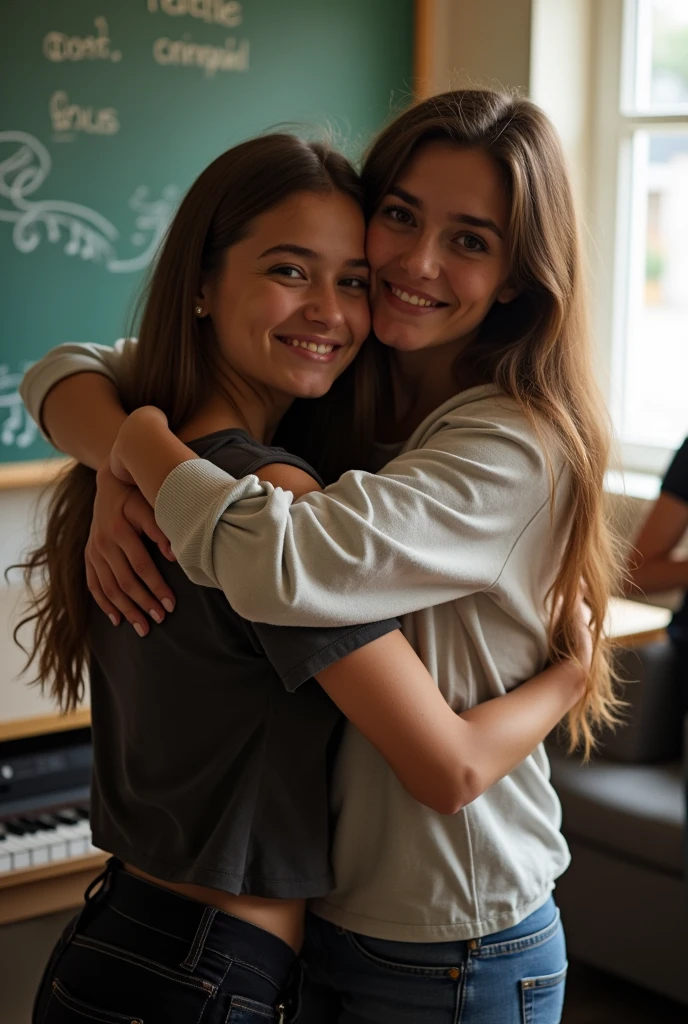 Female music teacher hugs her sexually aroused student
