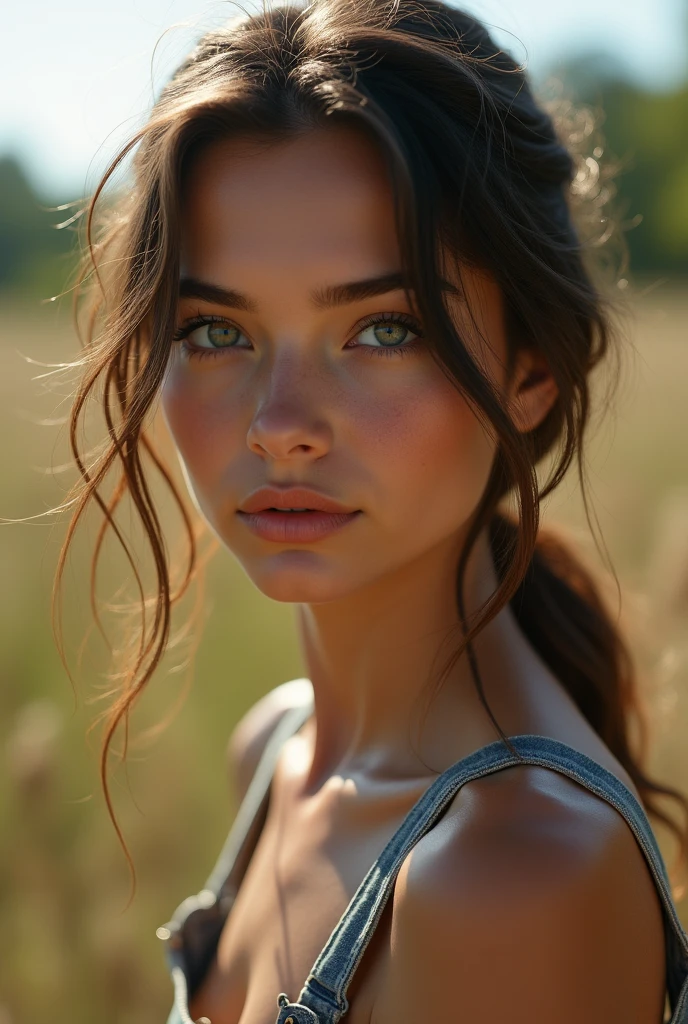 (Raw photo:1.2), (Photorealistic:1.4), Beautiful detailed girl, Very detailed目と顔, Beautiful and fine details, Ridiculous, unbelievable Ridiculous, Large file size, Ultra-detailed, High resolution, Very detailed, Highest quality, masterpiece, Hyper High Detail, Cinema Lighting，From the side ,Modern， Like the whole body，A sophisticated face，Cute Face，skin reflex，2. Women，Slim figure，Slender,Cropped shoulders，outside,((Woman wearing overalls)),Wet skin:1.5,Tan Skin
