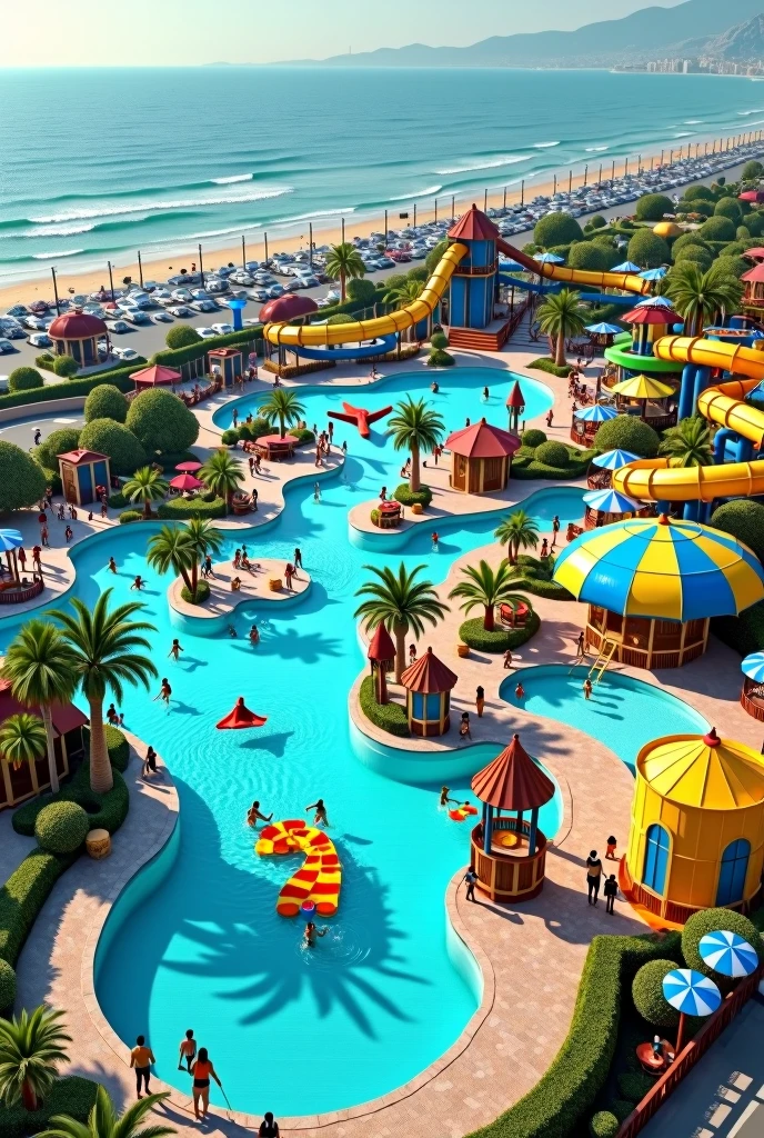 an Aqua Park with a slide and wave pool, large swimming pool, slow river, water-related games, and a themed restaurant with parking
in a plot of 11430m² near the sea and first position of a road