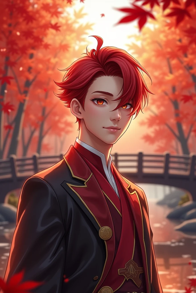 ((Masterpiece, Best Quality)), Ultra Detailed, Official Art, Unity 8k Wallpaper, Official Costume, Young Handsome Man, Solo, Perfect Face, Shiny Skin, Sparkling Pupils, Hair Pick Dyed Red, Daytime, Background is Fire Red Maple Forest, Maple Leaf, Riverside, Wooden Bridge, Aesthetic, (upper_body)