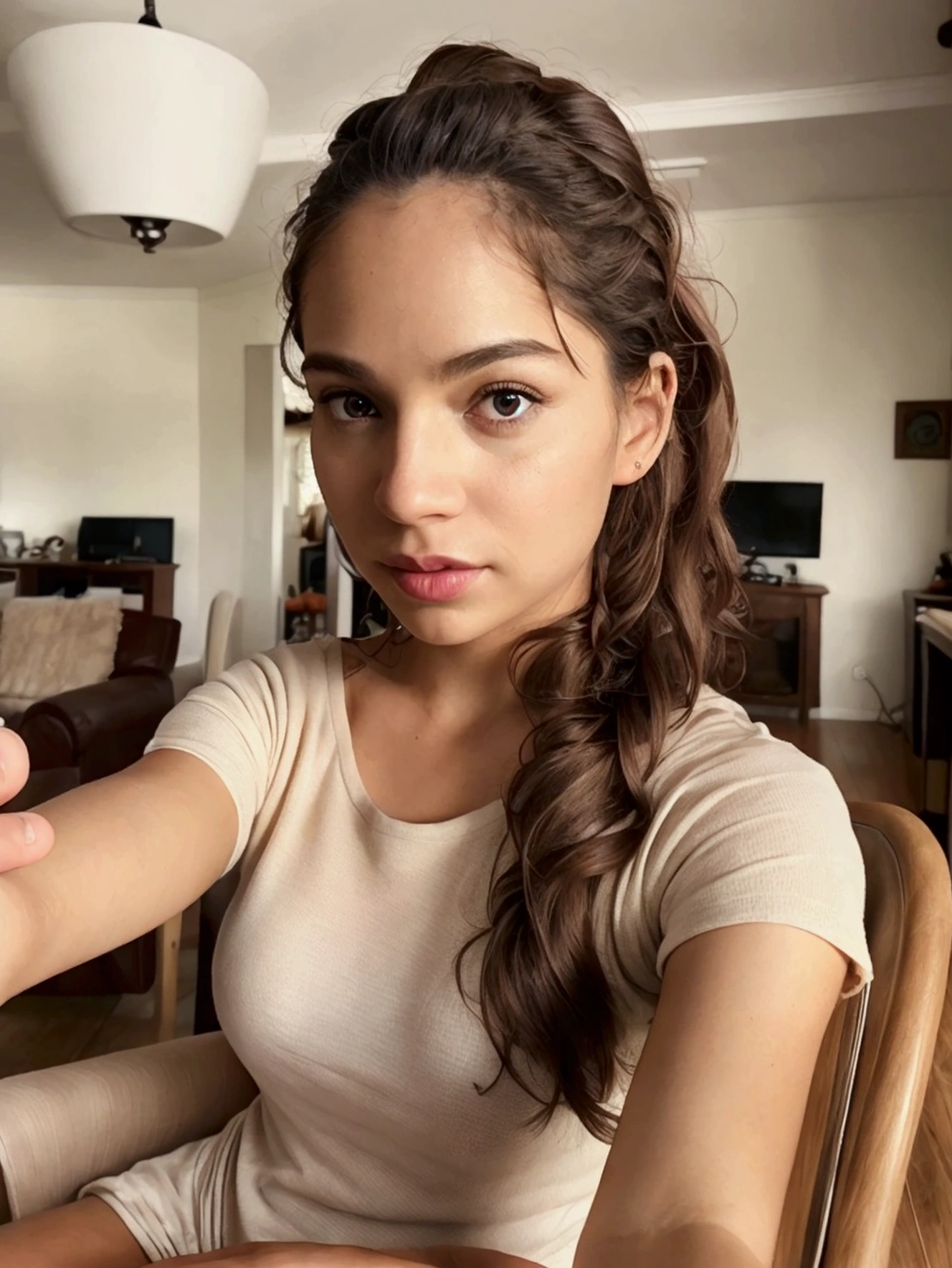 a woman taking selfie at home, casual clothes, relaxed pose, natural lighting, no filters, realistic skin, detailed facial features, beautiful eyes, cute expression, cozy home interior, lifestyle, photorealistic, 4k, high quality, detailed, natural colors, soft lighting