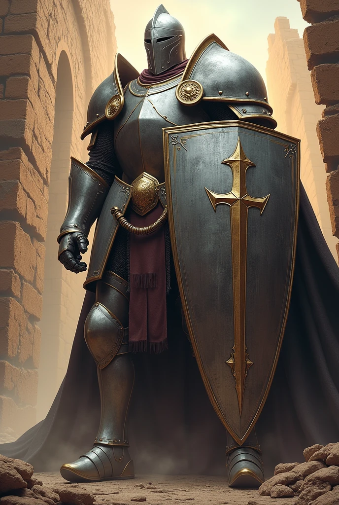 "Create an image of a heavily armored knight named Ironclad, wearing shining silver plate armor with a massive shield. He stands in front of a crumbling castle wall, with sunlight gleaming off his armor. His special power, 'Iron Wall,' is written in a bold, blocky font below the image. The tone is heroic and steadfast."