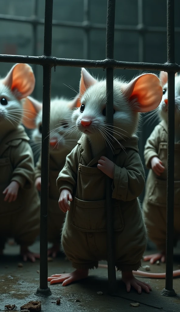 A distressing scene of several anthropomorphic rats trapped in a dark, damp cell. They wear worn and dirty work clothes., like workmen's overalls, wrinkled office uniforms, and stained aprons. Each mouse has visibly sad facial expressions, with tears streaming from his eyes. Their gazes are empty and apathetic, reflecting the despair and exhaustion of their lives. The dim light coming through the cell bars illuminates their faces dramatically., highlighting the tears falling on his wet whiskers. The atmosphere is gloomy, with cold stone walls and concrete floors, reinforcing the feeling of imprisonment and desolation. The image should capture the deep sadness and sense of despair of the rats.
