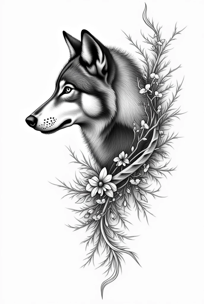 Draw me several pictures of a wolf&#39;s head looking to the side and surrounded by natural ornaments. The image should consist of filigree lines and serve as a tattoo on the left breast side of a woman. 