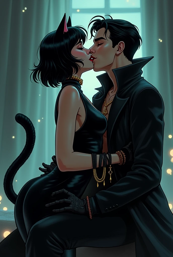 A woman kissing John Constantine , The woman has short black hair down to her shoulders., with small black cat ears, yellow eyes with cat pupils, BLACK LIPS, busy gothic clothing, has a black cat tail, animated style 