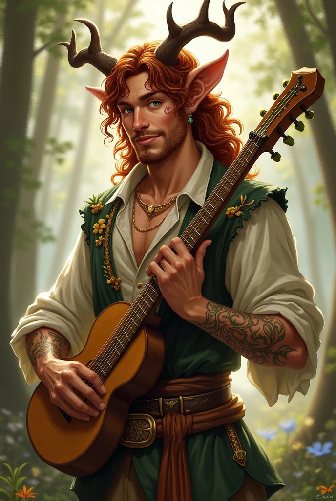 "A gallant and virile adult faun with small, refined horns that curve elegantly from her forehead. she has a jovial figure with a medium build, exuding both strength and warmth. her face, adorned with a mall scar and a slender nose, is highlighted by a charming, confident smile that adds to her rugged allure. Her skin is sun-kissed, and her dark red brown hair is thick and wavy, cascading around her shoulders with a few leaves and wildflowers interwoven. Her eyes are a striking, brilliant green, shining with life and energy. She has more scars scattered across his muscular yet medium-sized body, each one a mark of experience and resilience. She wears a finely tailored vest over a loose, open-necked shirt, decorated with intricate patterns of vines and musical notes in rich, golden thread. A beautifully crafted lute rests on his back, and she holds a well-worn wooden flute in er hand, symbolizing her deep passion for music. Her presence is confident and inviting, with a natural air of charisma, while the surrounding air hums with a lively melody that reflects her skill as a bard and her joyful yet battle-hardened connection to the world around her."