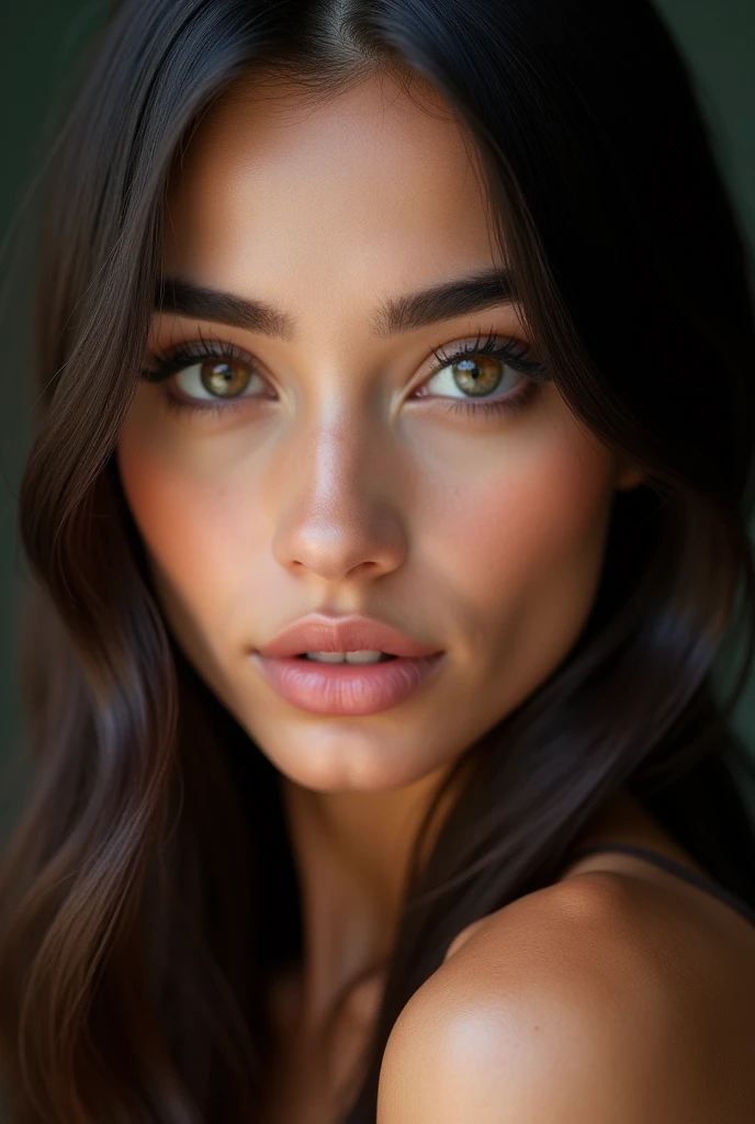 young arabic woman, glamorous gaze, straight dark hair, long eyelashes, small nose, roundish-almond eyes shape, heart face shape, round eyebrows, hyper realistic, photorealistic, close up, studio lightening, tanned and skin