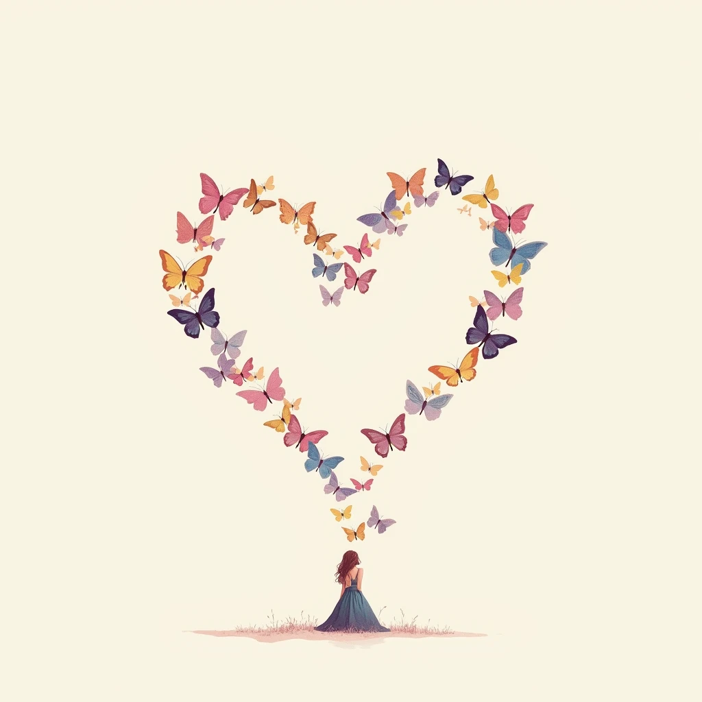High resolution, masterpiece, detail, 高いdetail, A minimalist with a butterfly heart, Illustration, Decorative art, I see the heart、The edges of the heart turn into butterflies and crumble.、colorful、Butterfly、pink、blue、yellow、purple、background、