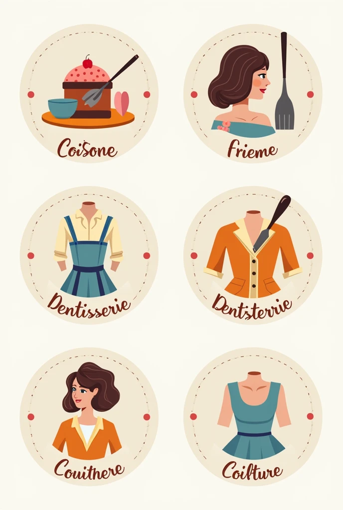 Bonjour, pouvez-vous s'il vous plaît dessiner 6 badges différents pour la cuisine, the pastry, dentistry, la couture et la coiffure et écrire cuisine, the pastry, dentistry, la couture et la coiffure dans chaque mot