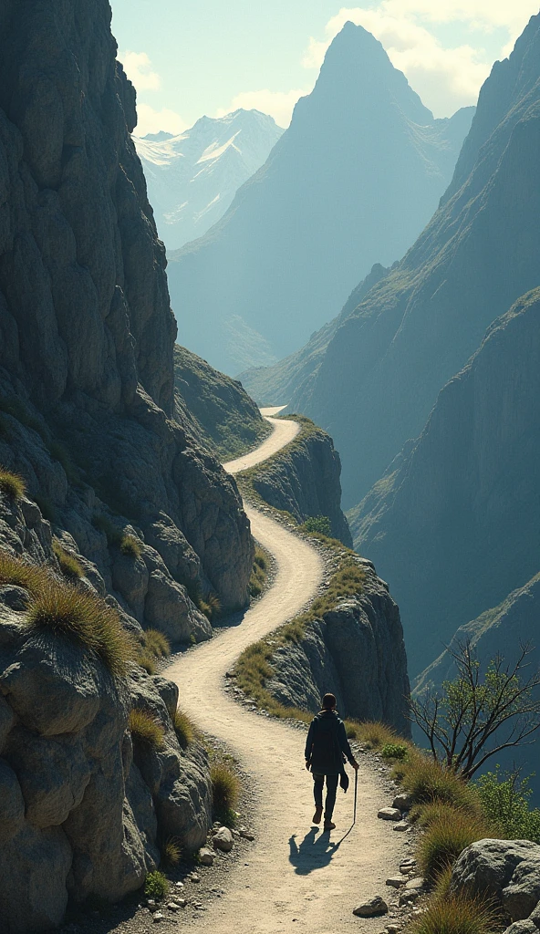 A winding road leading up a mountain, with a person walking steadily along it, each step representing continuous effort towards an attainable goal.