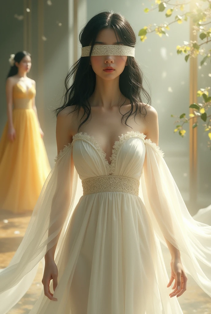 An goddess, with a white dress with a white blind fold, with medium black hair (small image) beautiful design golden dress (far away)