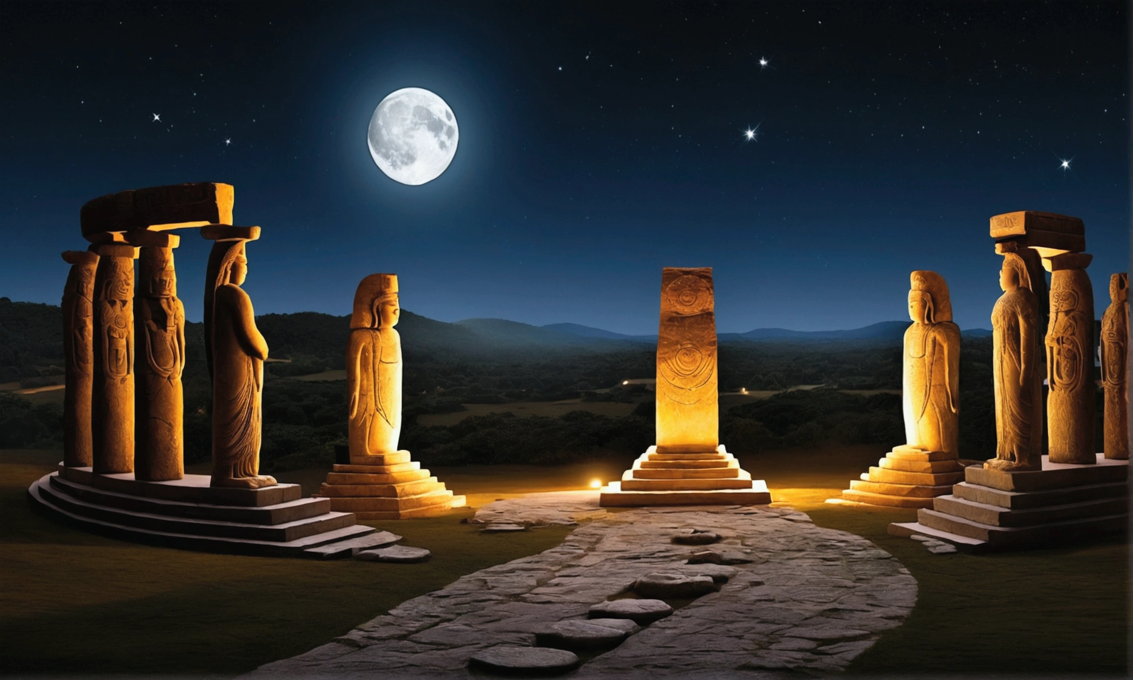 "Visualize a scene where two moons dominate the night sky, influencing the cultural and historical development of ancient civilizations. Show a group of ancient people—perhaps in a setting resembling a stone circle or temple—gazing up at the two moons with awe. The moons should be large and luminous, casting an ethereal glow over the landscape. Include elements like ancient scrolls or carved stones, depicting symbols or gods related to the two moons. The scene should evoke a sense of wonder, mysticism, and the deep cultural impact these celestial bodies would have had on human history."