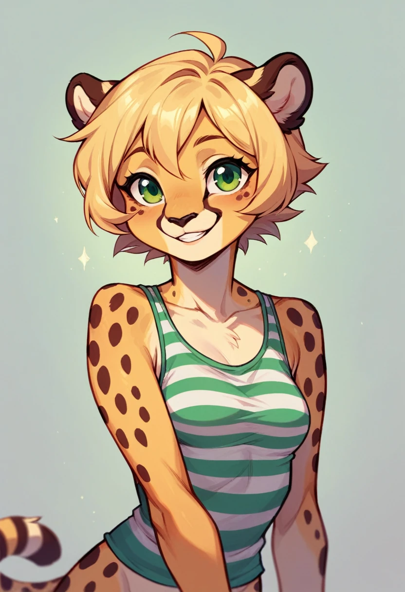 Anthropomorphic, cheetah woman, short chic blonde hair, green eyes, hourglass, small breasts, tank top, portrait, smile
