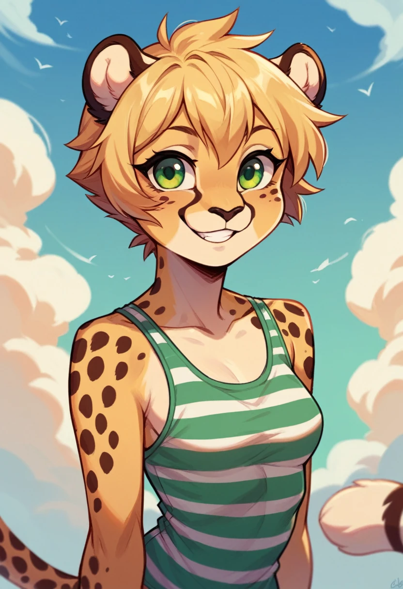 Anthropomorphic, cute, cheetah woman, short chic blonde hair, green eyes, hourglass, small breasts, colorful striped tank top, portrait, cheerful smile