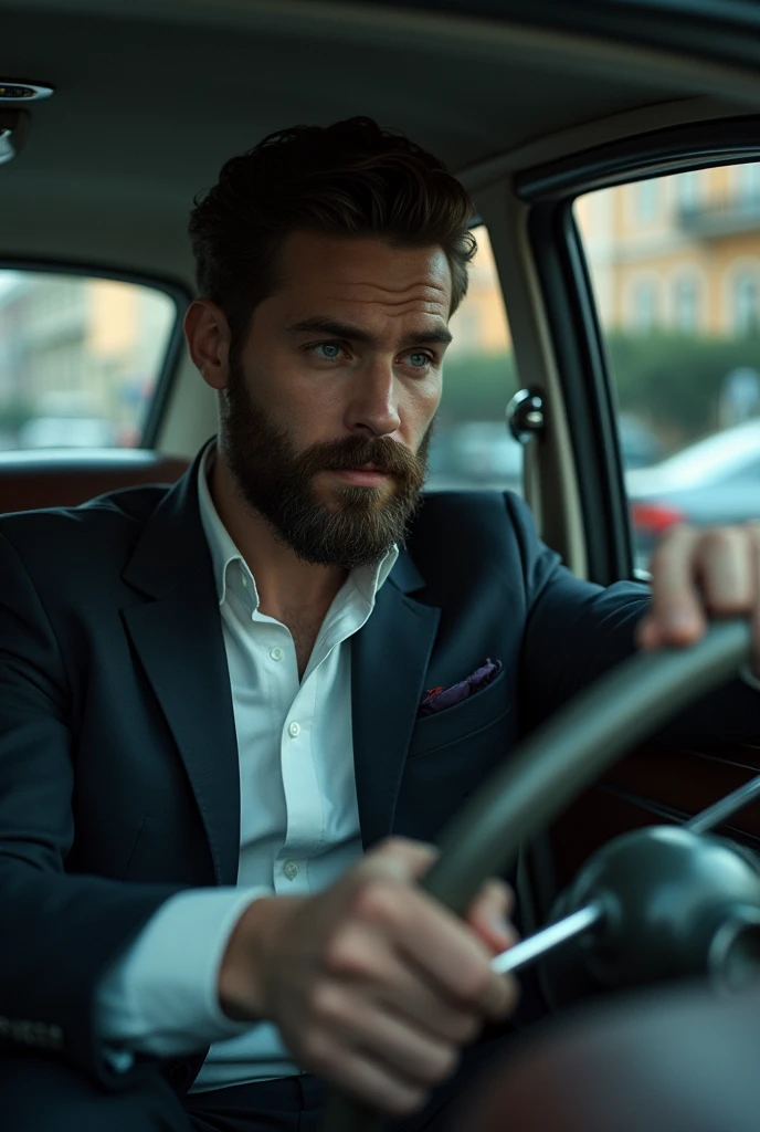 Rich young man with beard sitting in car with regretful expression