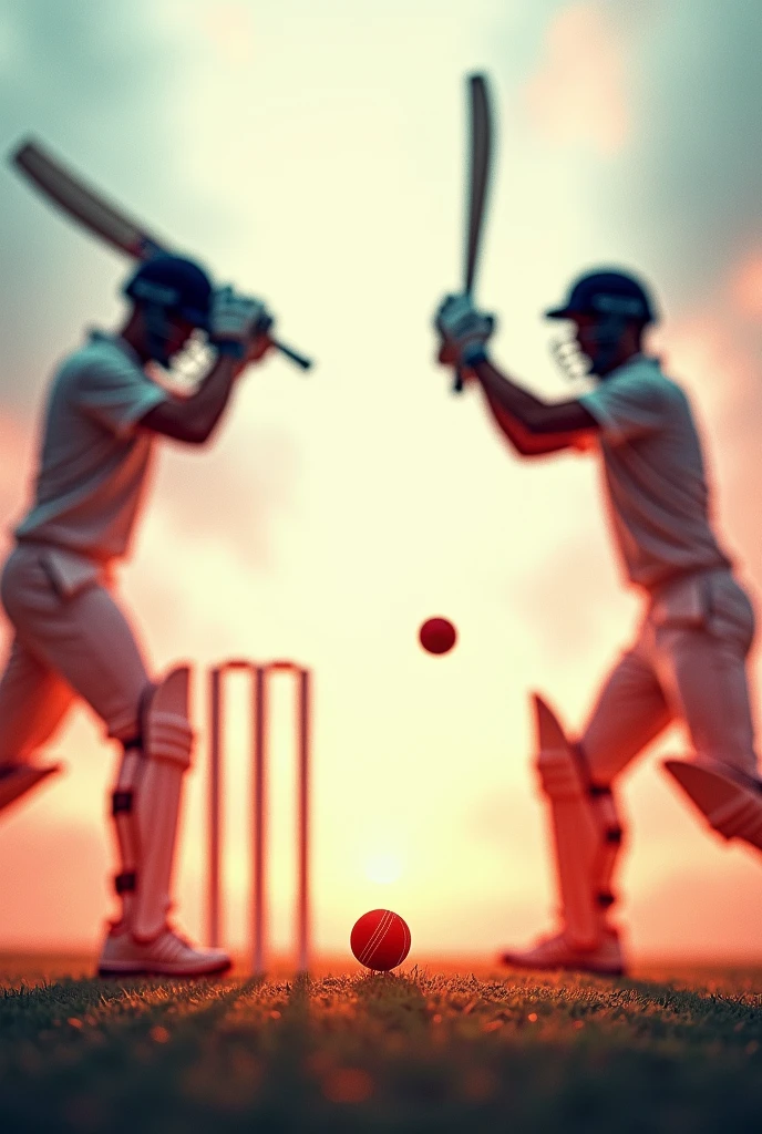 I need a background for poster where on one edge a cricketer batting and on the other edge a cricketer bowling and on the third side a bowl and stumps which is kind of blurred background where a single colour is starting lighter from one side and getting darker on other....it should be in the ratio 9:16 and the cricters should be on the each opposite edges of the poster and they should be also blurred and the center should be plain with colour and each corners the objects should be and cricketers should be medium in size on each corners of the poster where center of the poster is plain and on one corner batter is batting and on the other corner the ball falls and stumps got scattered with red and black gradient 