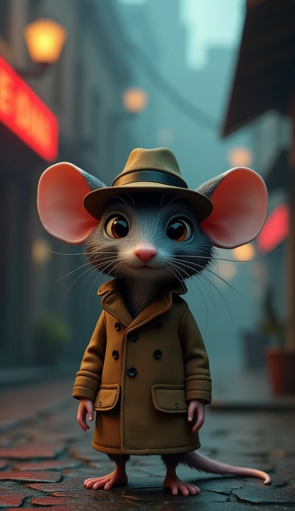 Small and animated 3d rat, serious detective
