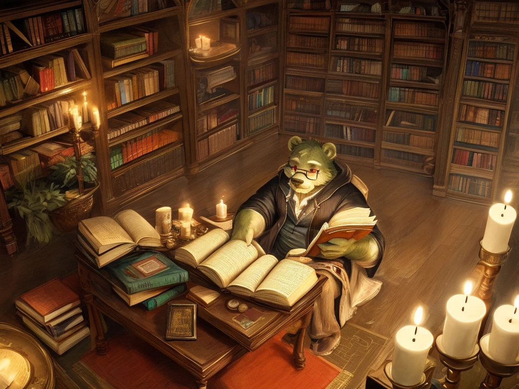 a green bear wearing black t-shirt and long white coat, reading books in a library, many stacks of books near him, sitting on mountain of books, white hood trench coat, high angle, from above, (second floor of the library), candle light, glasses, thinking, mature bear, furry, anthro, green fur, red eyes, "Photorealistic painting, ((captivating)) scene of a man absorbed in reading, antique books, cozy hobbit cave, intricate clock with moving gears, ((nostalgic)), detailed, warm palette"