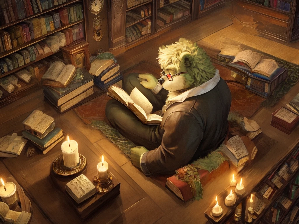 a green bear wearing black t-shirt and long white coat, reading books in a library, many stacks of books near him, sitting on mountain of books, white hood trench coat, high angle, from above, (second floor of the library), candle light, glasses, thinking, mature bear, furry, anthro, green fur, red eyes, "Photorealistic painting, ((captivating)) scene of a man absorbed in reading, antique books, cozy hobbit cave, intricate clock with moving gears, ((nostalgic)), detailed, warm palette"