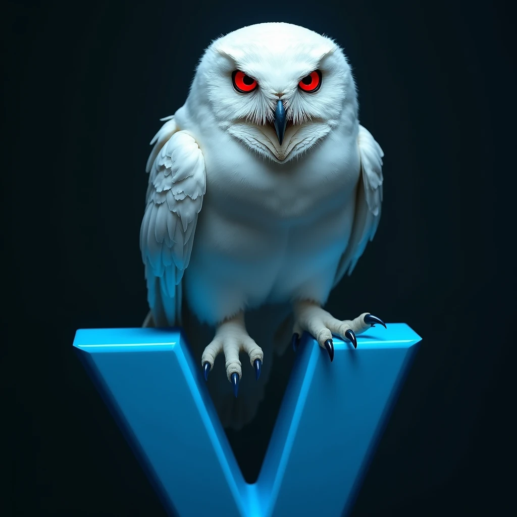 A white owl with red eyes, with a bad face, on top of the blue letter Y