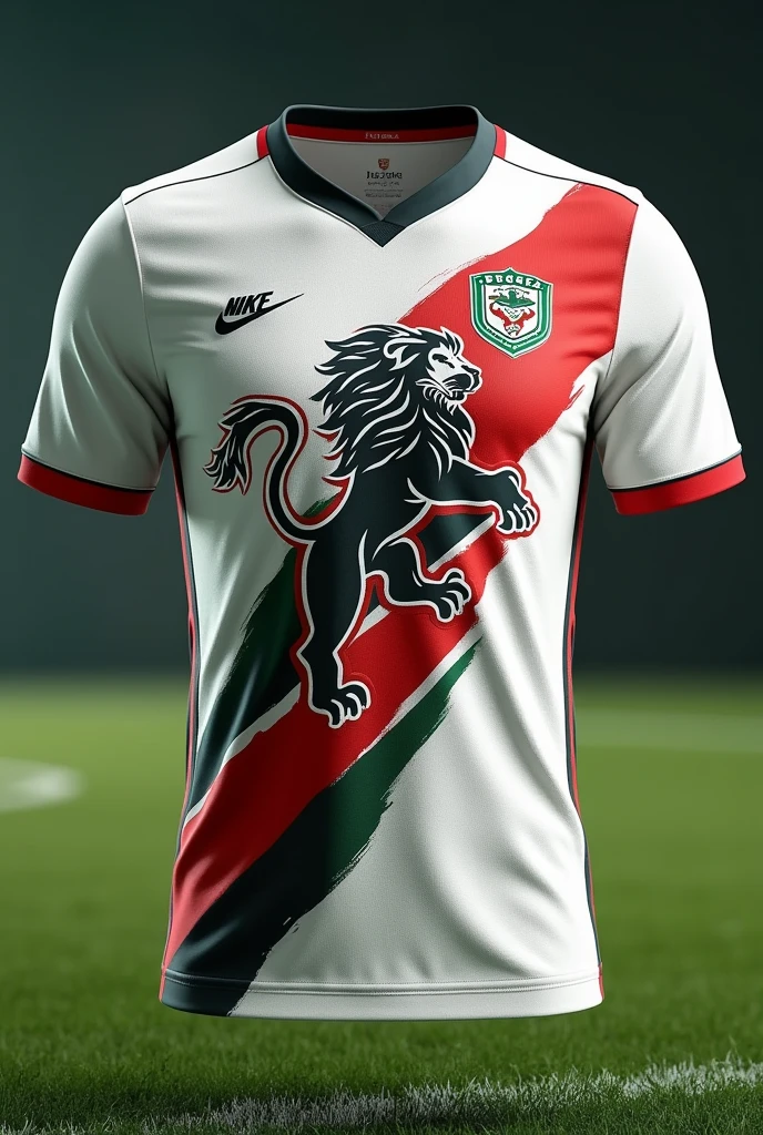 White stars themed national football team jersey using white, red, black and green colours with a lion print on it