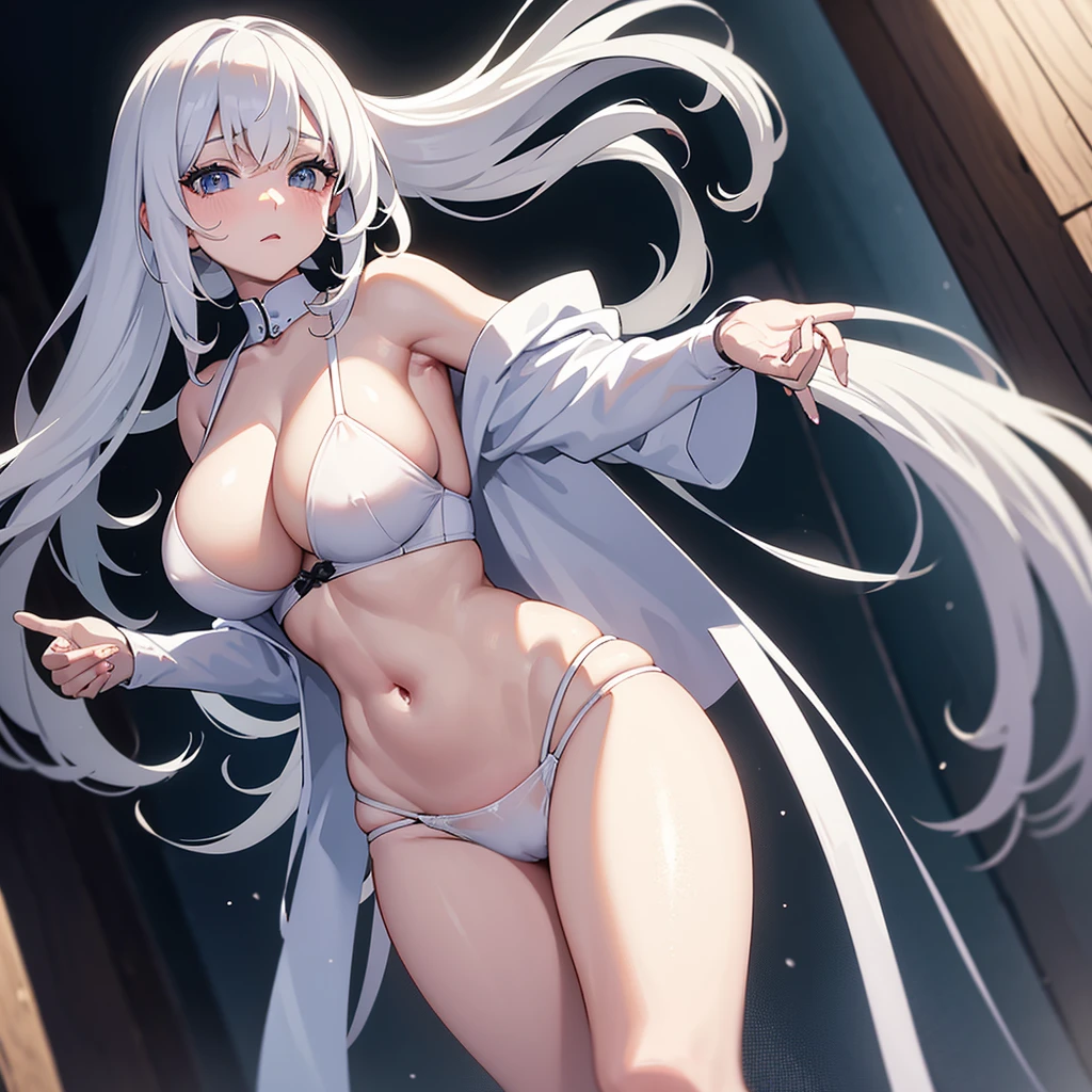 Nino:long white hair,She has big breasts and is wearing tight, wet white panties and a tight, wet black bra.,she is standing putting her fingers inside her vagina,Anime 8k