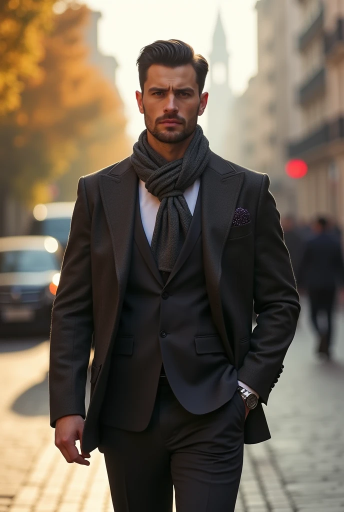 фото full length идущего по городу русского мужчины, Medium height, 35 years, black hair, Sports figure, broad shoulders, a neat stylish hairstyle, wide cheekbones, in a suit and scarf, in a worn-out brown suit, in a woolen suit, in a dark gray suit, formal suit, with a scarf around his neck, the scarf is tied in a knot around the neck, in a business suit, Grey trousers and black shoes, in a black and gray suit, in a business suit, in a business suit, warm autumn, Early autumn, Sunny weather, walking through the city, looks ahead, Stylish look, thoughtful look, full length, free pose, dynamic pose, solar lighting, daylight, black hair, blunt bangs, Serious, expressionless, atmospheric perspective, bokeh, f/1.8, 85mm, Nikon, depth of field, uhd, masterpiece, accurate, anatomically correct, textured skin, super detail, high details, high quality, highres, 4K