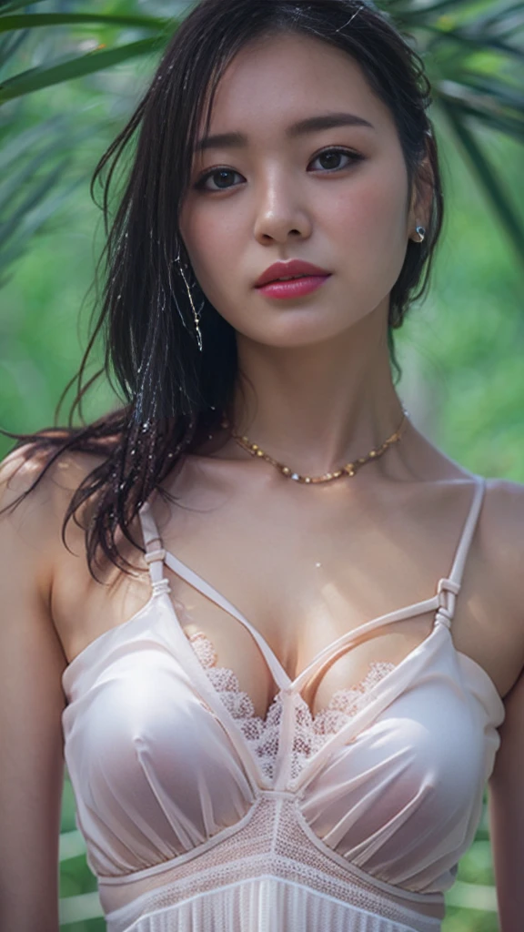 Realistic, photo-Realistic, Highest quality, masterpiece, RAW Photos, High resolution, Intricate details, Very detailed, Realistic and sharp details, Portraiture, alone, Japanese woman, (Covered nipples, Huge breasts), (Seductive pose, Place your hands behind your head, Underarm), Refined nose, Pale skin, Fine skin, necklace, jewelry, clavicle, (Wet clothes, White Dress, See-through clothing, Tight mini dress, Thin straps, No sleeve:1.2), High heels, Photo Background, Outdoor, rain,