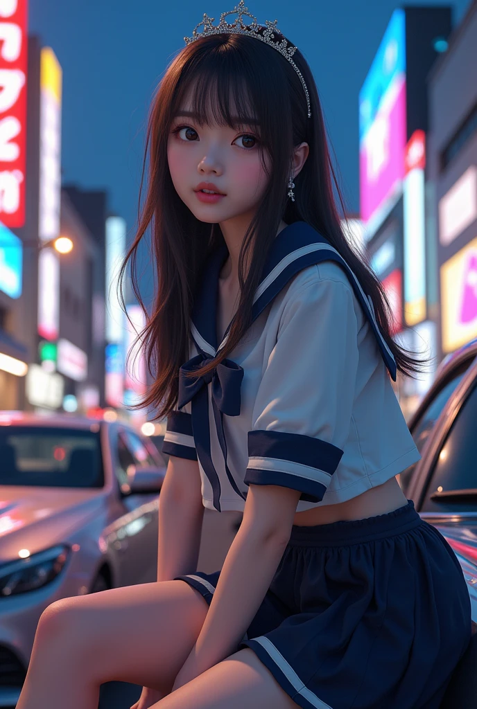 ((SFW)), (Closeup from groin to face) Extremelydetailded (Student leaning against the car) open your knees up, face perfect, Ablaze(little crown), detailded(delicate textures of clothing) Sailor Uniform with rot Ribbon (((without panties, intimate areas exposed and marked with many details, clitoris))), PerfectHand with 4 fingers and a thumb, corrected leg-foot line, ((Colorful starry lights at dusk in Shibuya)) Big screens ((specular reflection:1.22)) shiny cars, ((Hidden arm) Alone Hidden) rot[high-heels], Ultra-detailed, high-quality 8K masterpiece (professional foto:1.37)(Acutance:0.8)(Luminism:1.28)