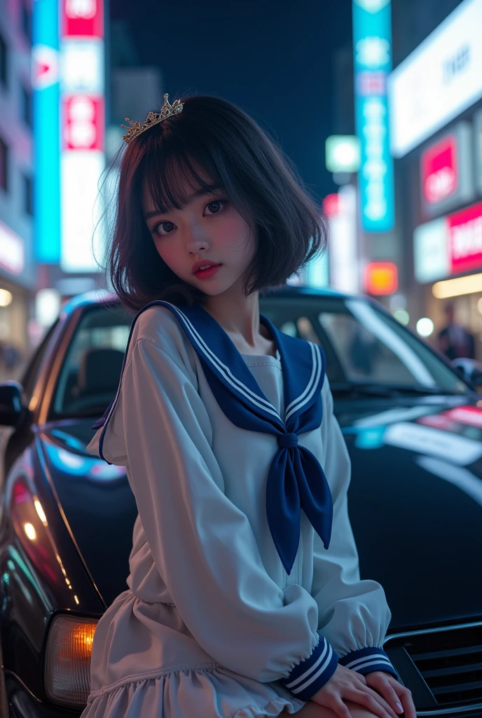 ((SFW)), (Closeup from groin to face) Extremelydetailded (Student leaning against the car) open your knees up, face perfect, Ablaze(little crown), detailded(delicate textures of clothing) Sailor Uniform with rot Ribbon (((without panties, intimate areas exposed and marked with many details, clitoris))), PerfectHand with 4 fingers and a thumb, corrected leg-foot line, ((Colorful starry lights at dusk in Shibuya)) Big screens ((specular reflection:1.22)) shiny cars, ((Hidden arm) Alone Hidden) rot[high-heels], Ultra-detailed, high-quality 8K masterpiece (professional foto:1.37)(Acutance:0.8)(Luminism:1.28)