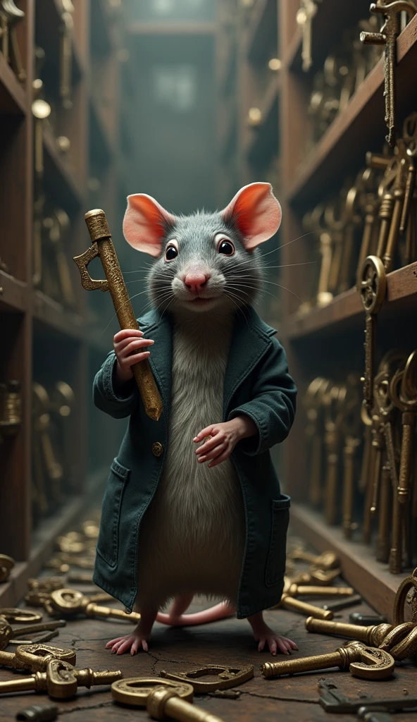 A rat who has a key (holds a key) and the background is the room that stores full of keys, like if he was a landlord.