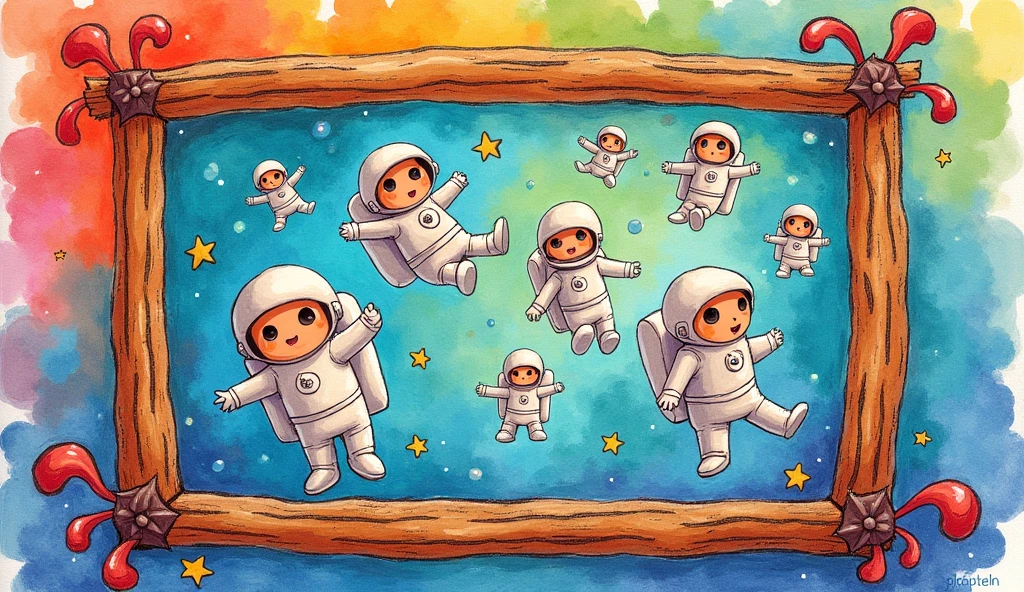 a picture frame of many floating astronauts as a child&#39;s drawing 