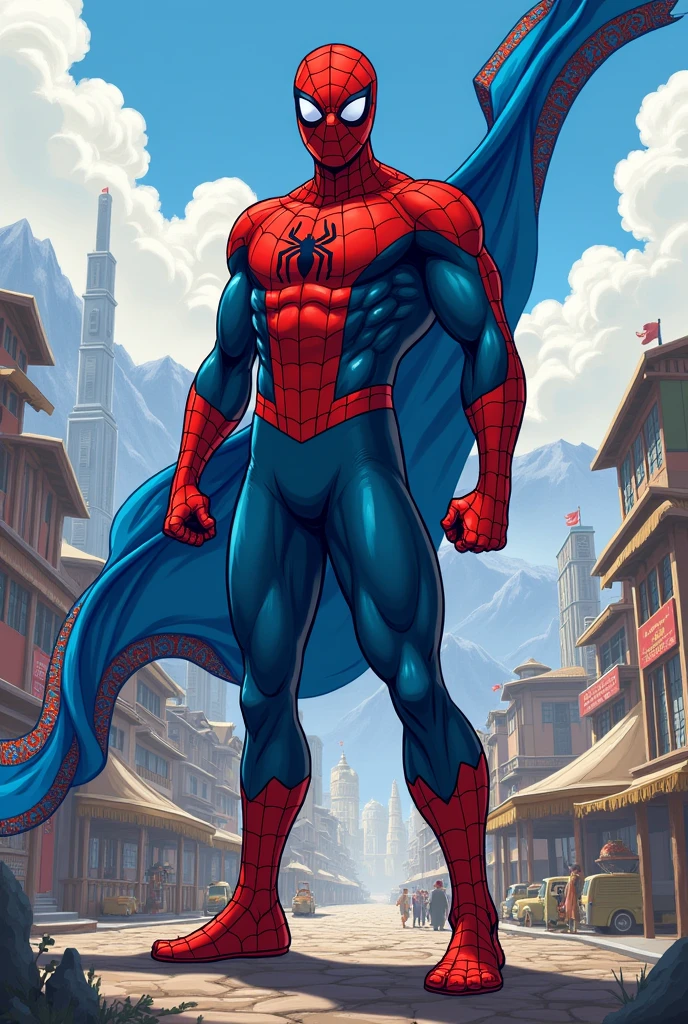 Spiderman holding mongolian blue khadag