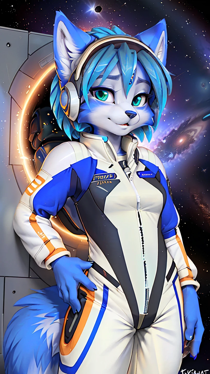 A beautiful and detailed (sweet picture) wa ((krystal)), Star Fox krystal, sslim, lovable, green eyes, medium breasts, (((Long blue hair 1.3))), Decollete, anthro, furry, Uploaded E621, detailed fluffy fur, (wa Fluff-Kevlar, Bayard Wu, Pino Daeni), detailed face, (fluffy), 1 girl, alone, sweet girl, (((hole body))), (((trägt einen gepanzertzen lila spacesuit:1.3))), floating in space, galaxy, spacesuit, (((helmet with ears))), beschädigter spacesuit